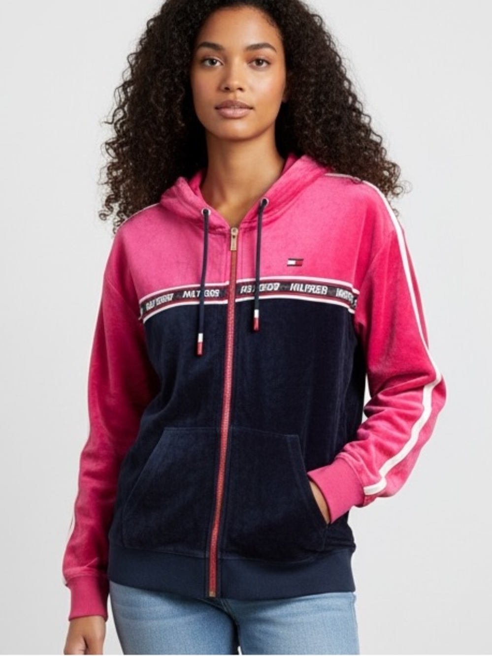 Vintage Tommy Hilfiger Y2K Sport Women's Velour Colorblock Full-Zip Hoodie